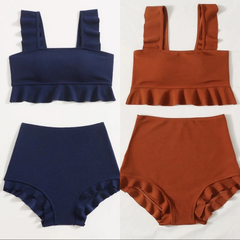2x Solid Ruffle Hem High Waist Bikini Swimsuits